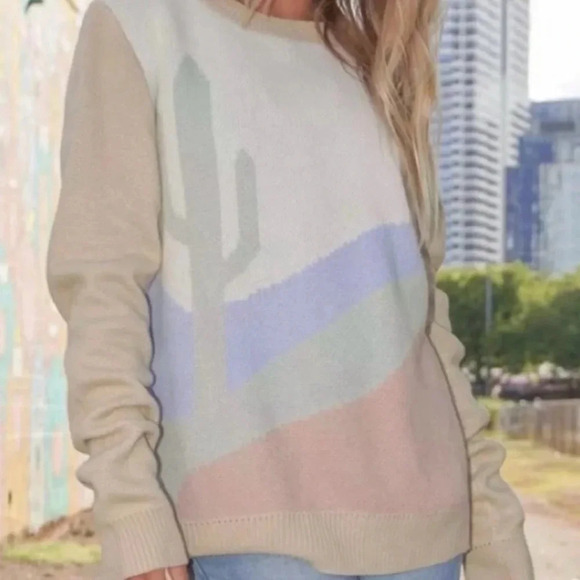 Boho Cactus Knit Sweater | Southwestern Desert Pastel Pullover - Picture 3 of 3